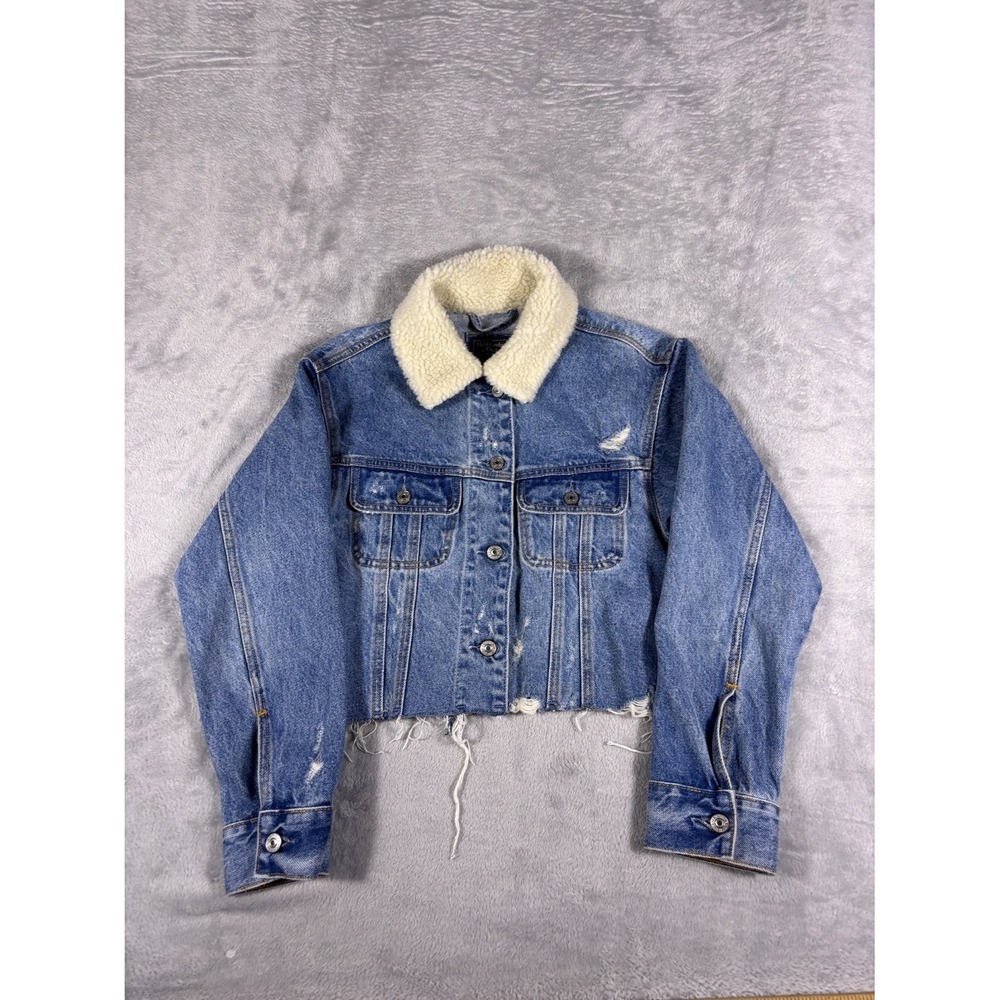 Abercrombie & Fitch Collar Crop Denim Trucker Jacket Womens XS Blue Raw Collared